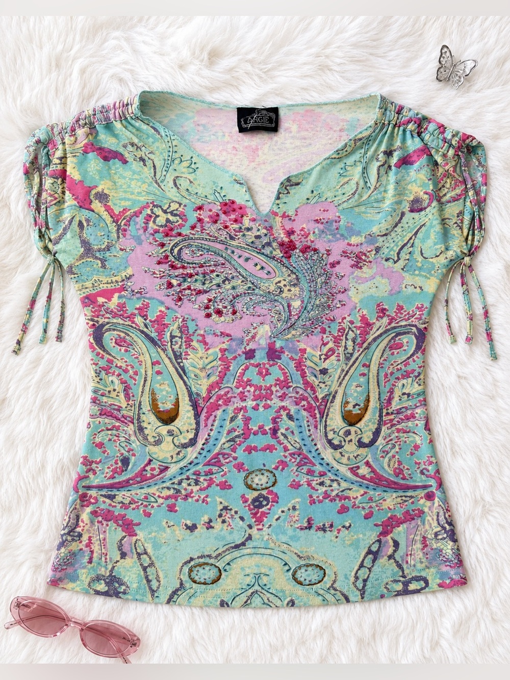 Vintage Y2K Angie Paisley Beaded Ruched Sleeve Top Medium